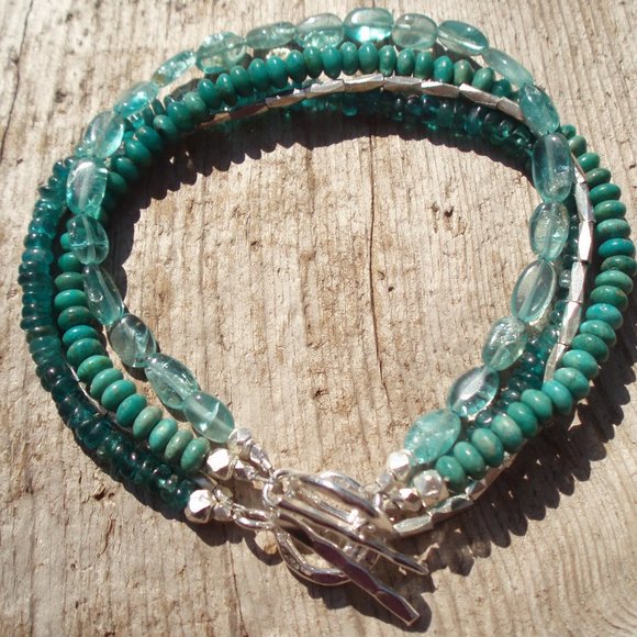 Handmade bracelets TWO DOUBLE turquoise, apatite, fine real silver - Picture 1 of 12